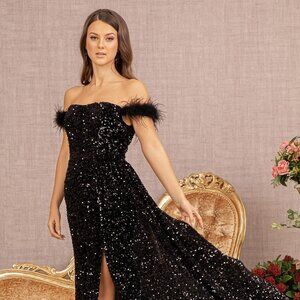 NEW LONG OFF THE SHOULDER SLEEVELESS SHEATH EMBROIDERED SEQUIN DRESS GL3163